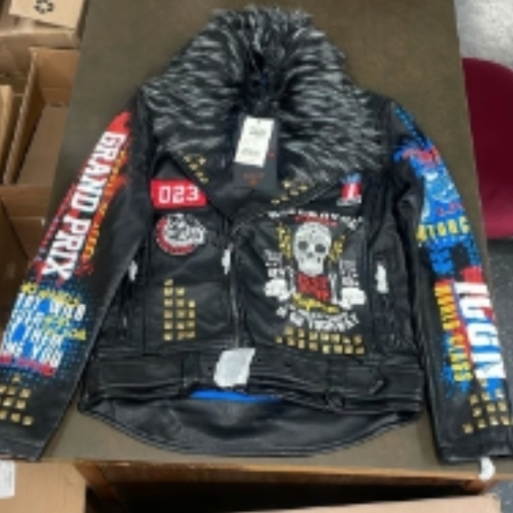 Copper Rivet Black Leather Bomber Jacket with Removable Faux Fur Collar - Picture 4 of 4